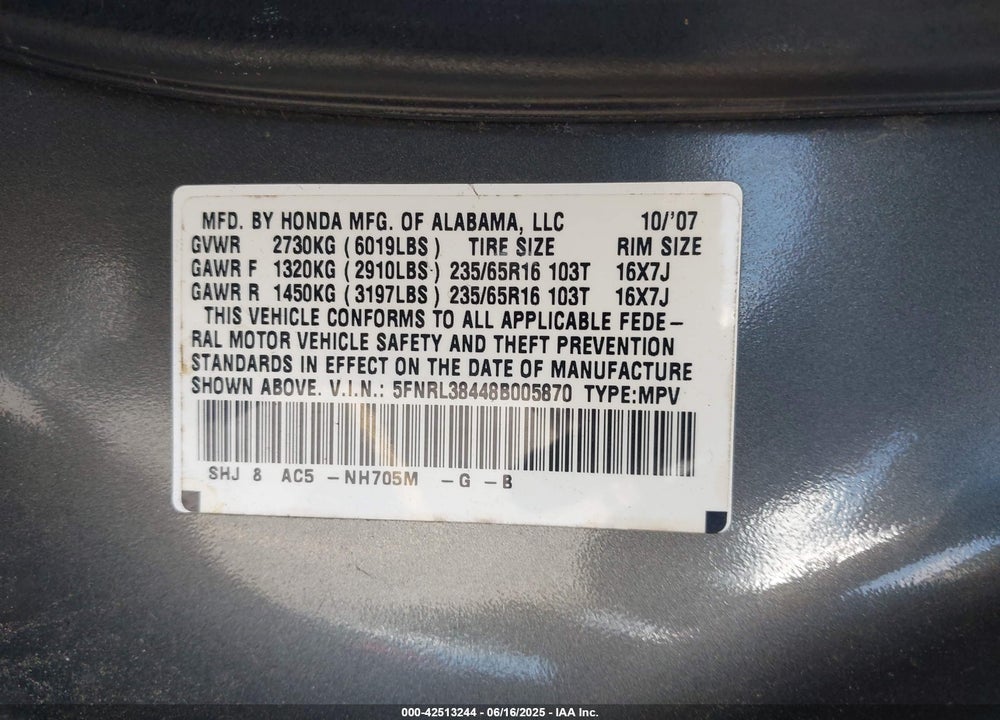 2008 HONDA ODYSSEY EX VIN: 5FNRL38448B005870