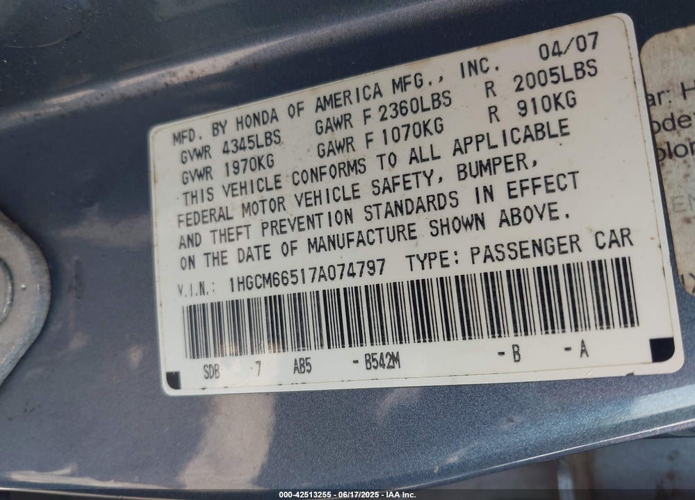 2007 HONDA ACCORD 3.0 EX VIN: 1HGCM66517A074797