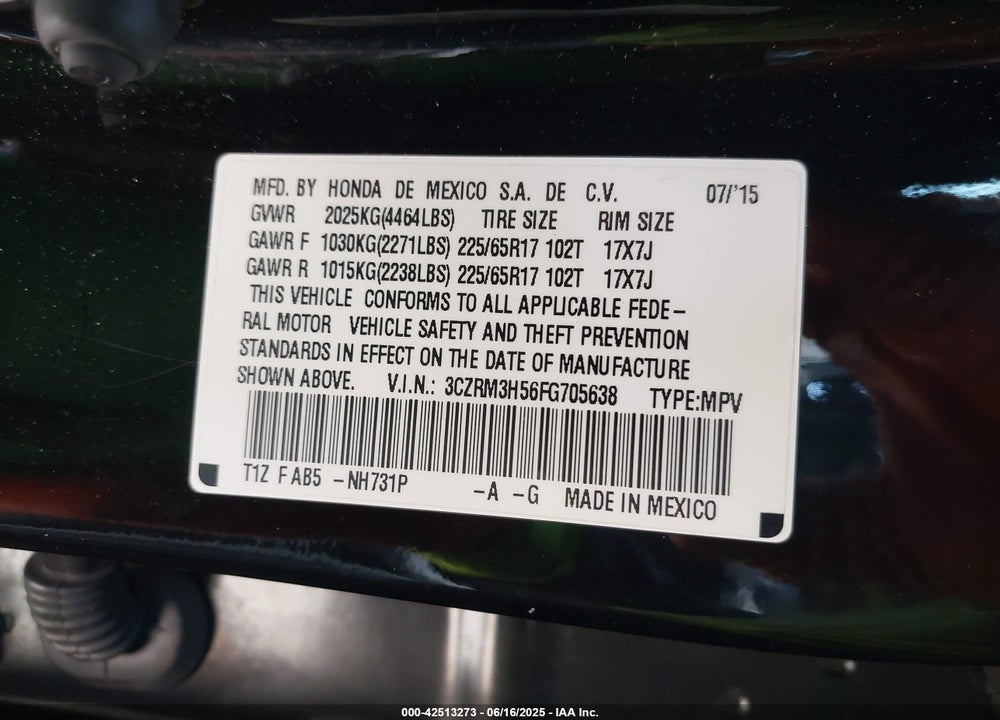 2015 HONDA CR-V EX VIN: 3CZRM3H56FG705638
