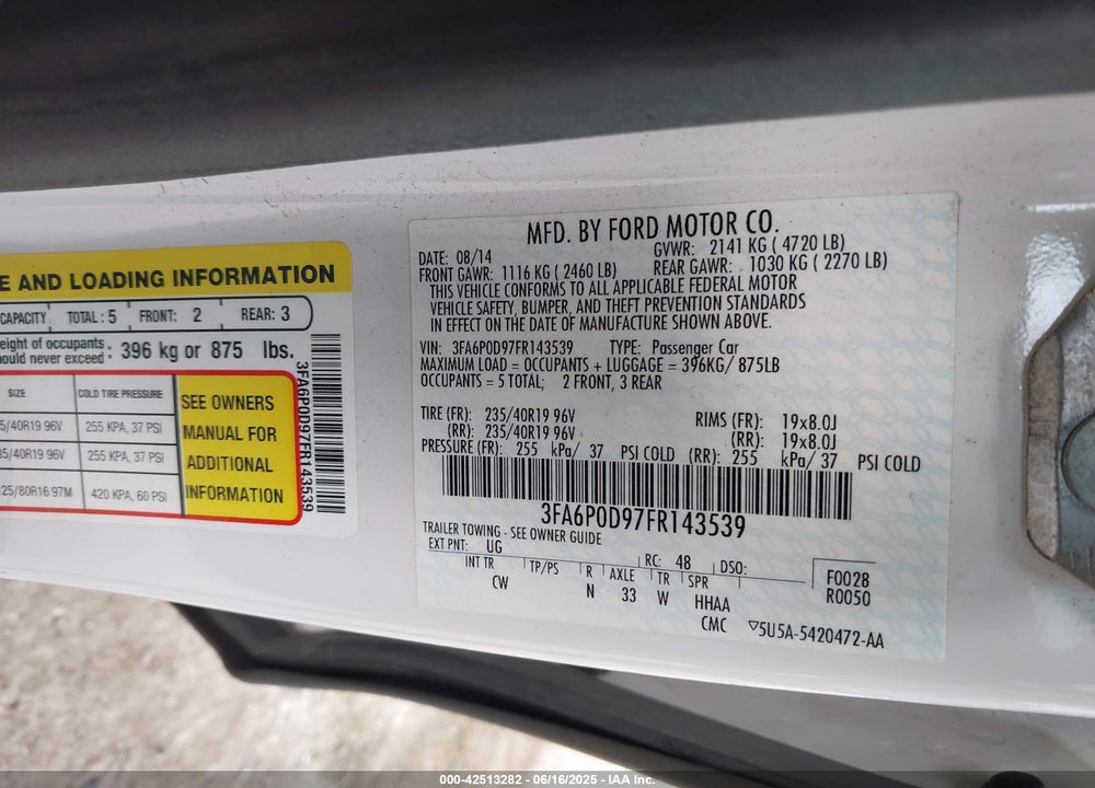2015 FORD FUSION TITANIUM VIN: 3FA6P0D97FR143539
