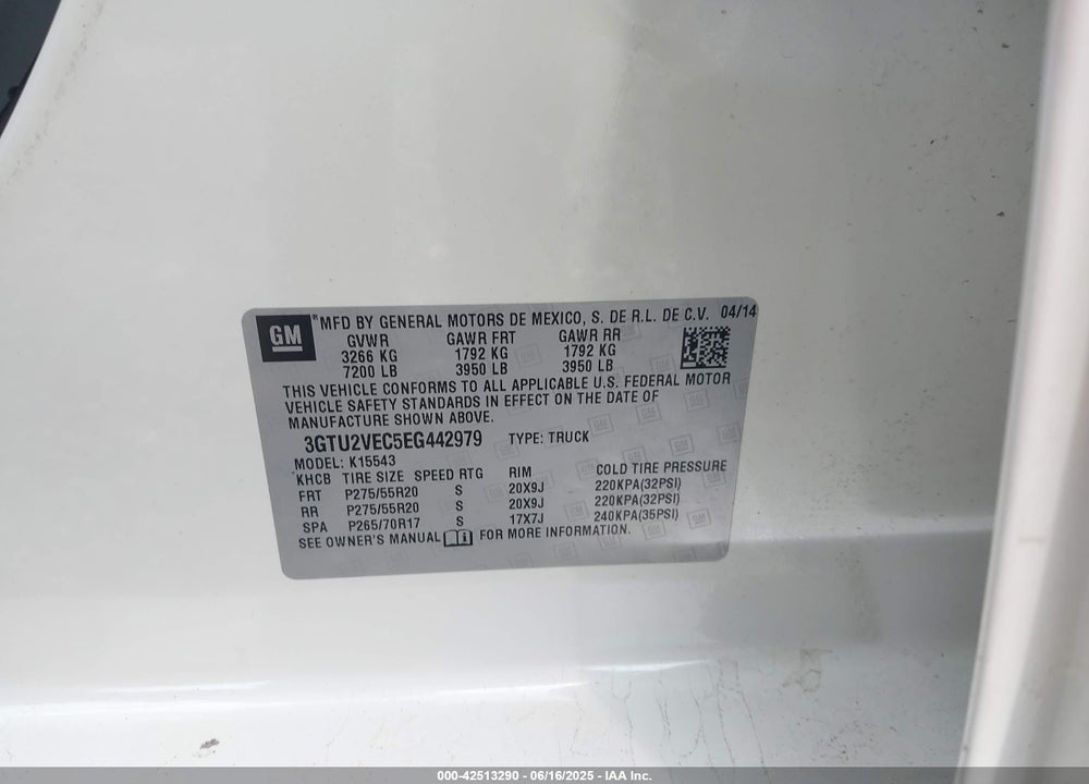 2014 GMC SIERRA 1500 VIN: 3GTU2VEC5EG442979