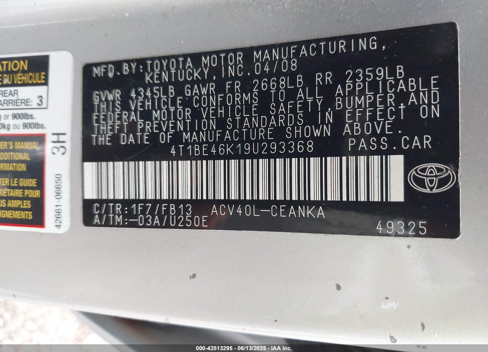 2009 TOYOTA CAMRY LE VIN: 4T1BE46K19U293368
