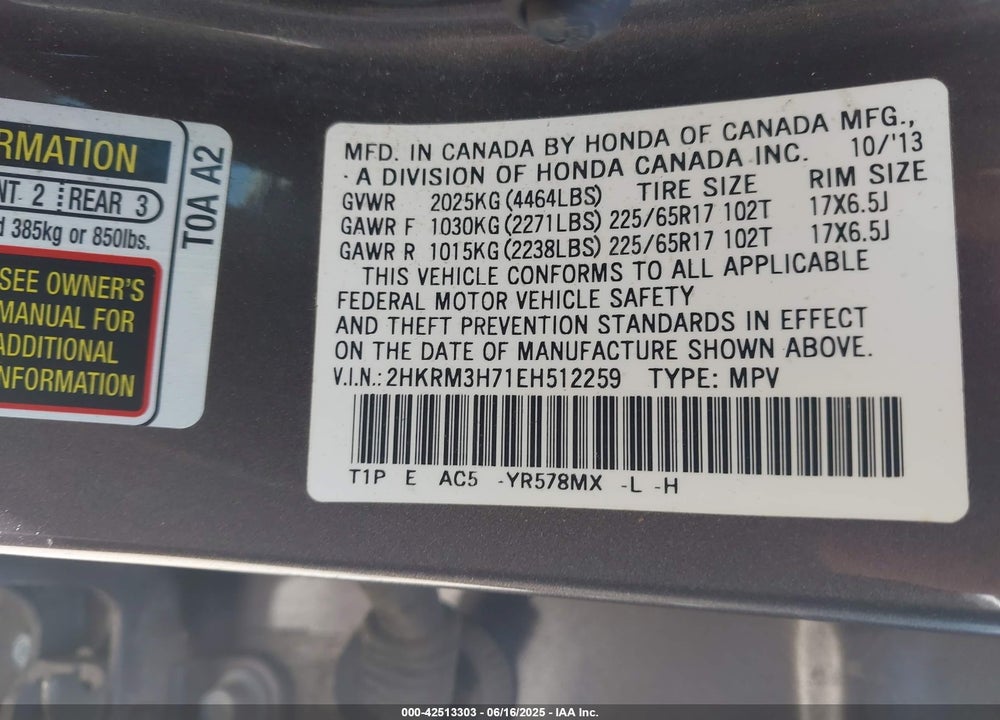 2014 HONDA CR-V EX-L VIN: 2HKRM3H71EH512259