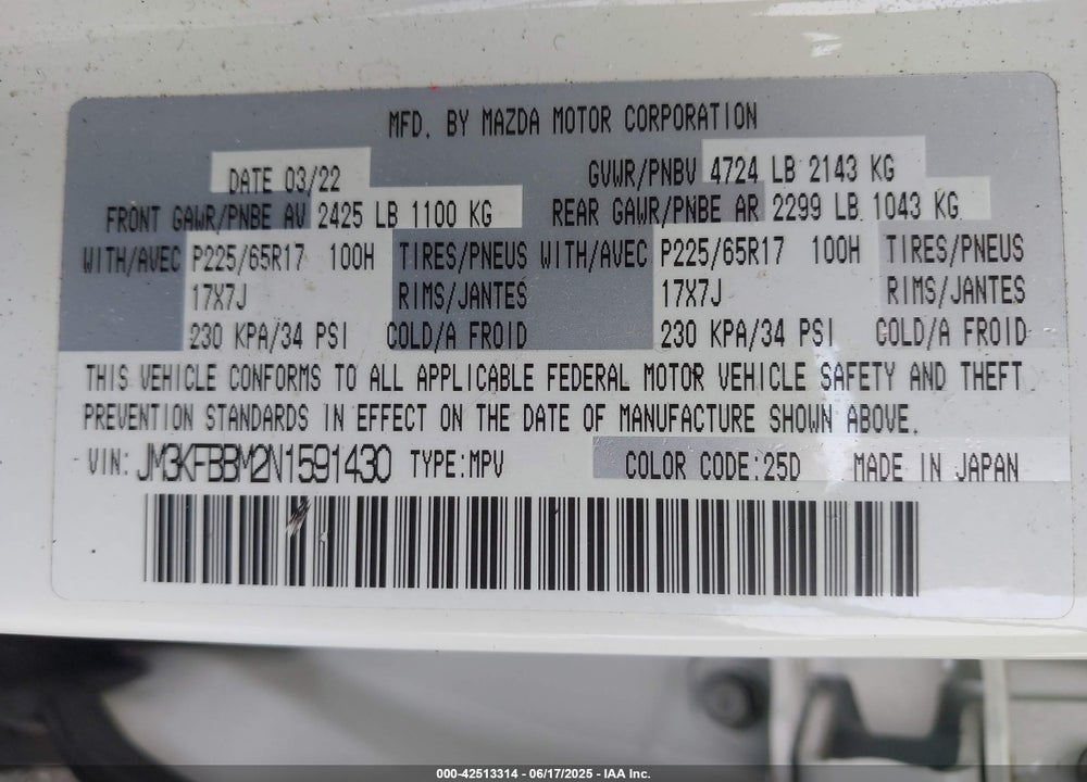 2022 MAZDA CX-5 VIN: JM3KFBBM2N1591430