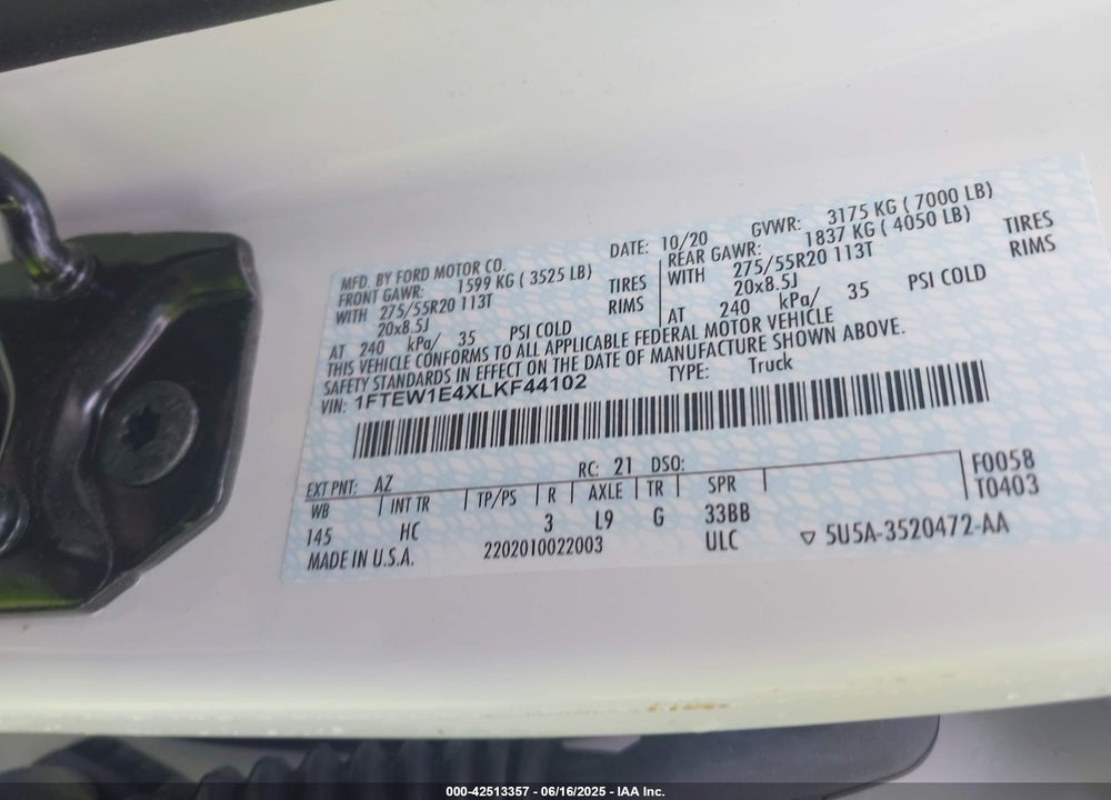 2020 FORD F-150 VIN: 1FTEW1E4XLKF44102