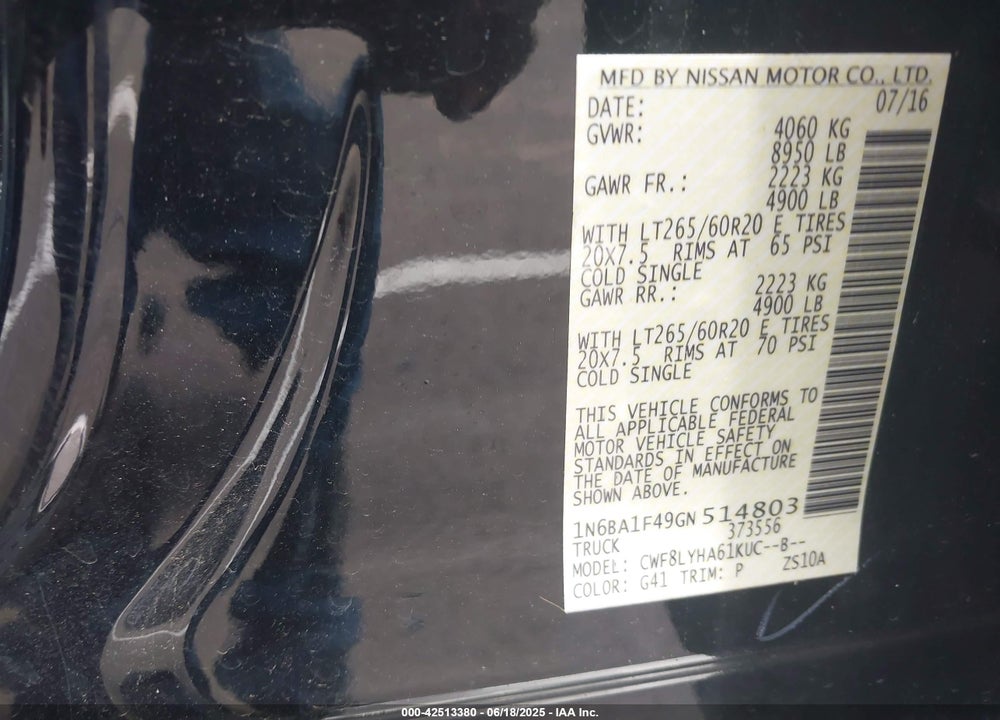 2016 NISSAN TITAN VIN: 1N6BA1F49GN514803