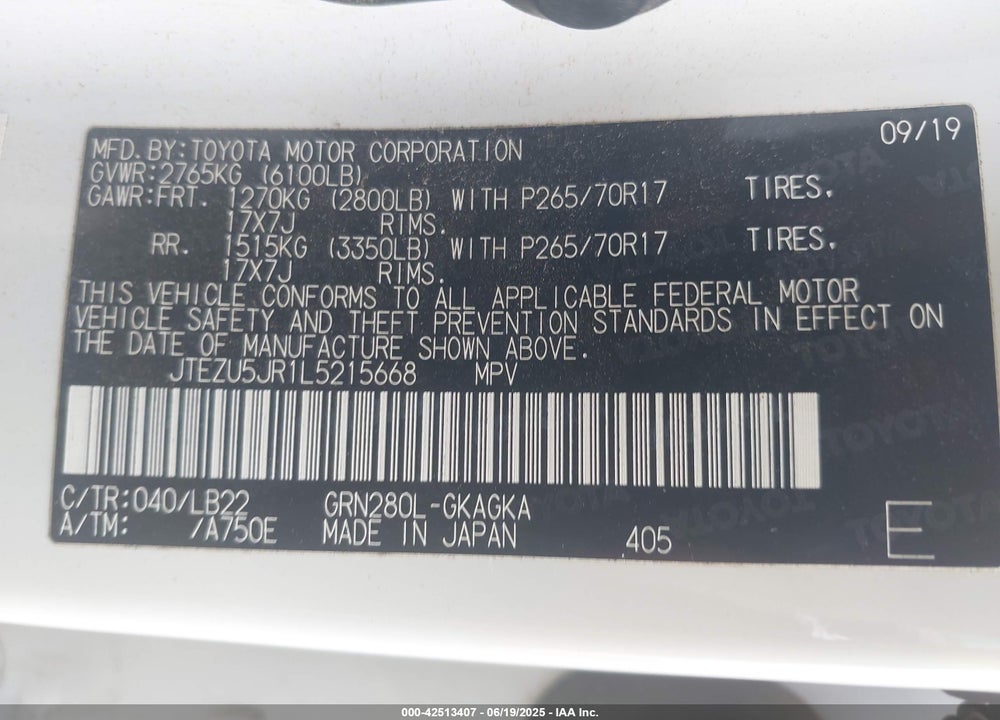 2020 TOYOTA 4RUNNER VIN: JTEZU5JR1L5215668