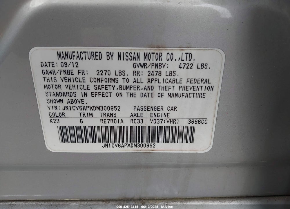 2013 INFINITI G37 VIN: JN1CV6APXDM300952