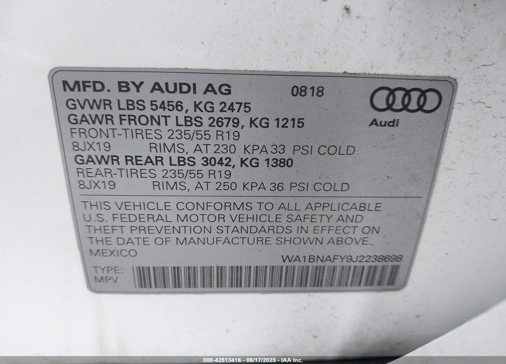 2018 AUDI Q5 VIN: WA1BNAFY9J2238698