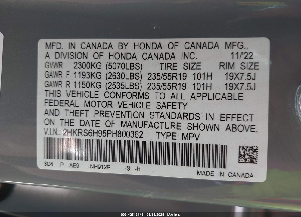 2023 HONDA CR-V HYBRID VIN: 2HKRS6H95PH800362