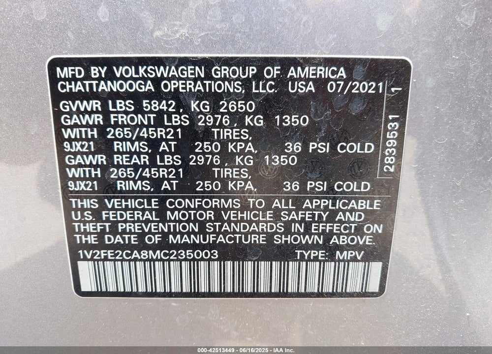 2021 VOLKSWAGEN ATLAS CROSS SPORT VIN: 1V2FE2CA8MC235003