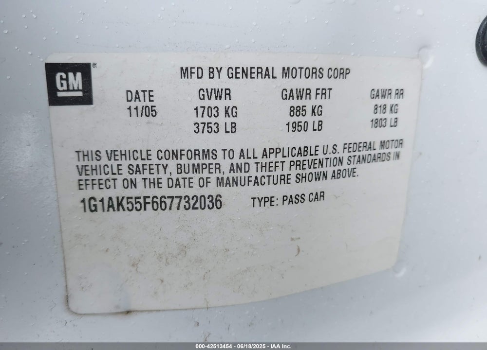 2006 CHEVROLET COBALT LS VIN: 1G1AK55F667732036