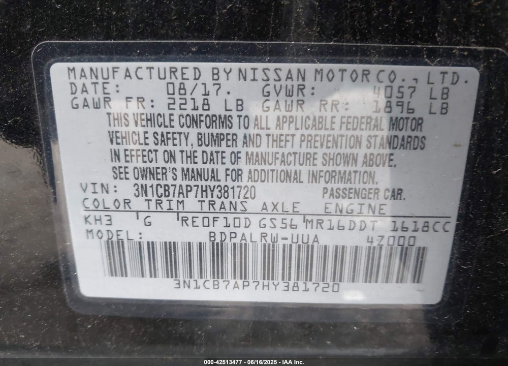 2017 NISSAN SENTRA VIN: 3N1CB7AP7HY381720