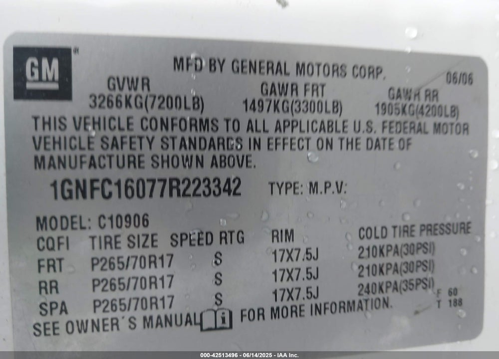 2007 CHEVROLET SUBURBAN 1500 VIN: 1GNFC16077R223342