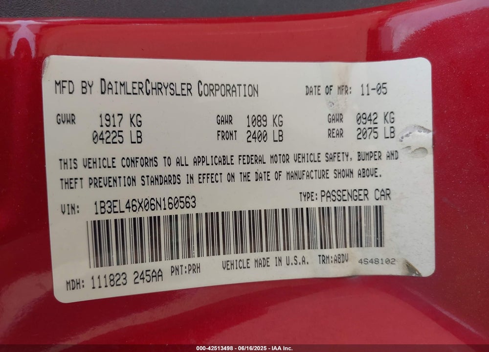 2006 DODGE STRATUS SXT VIN: 1B3EL46X06N160563
