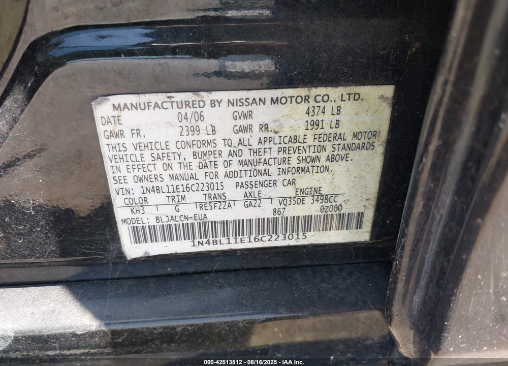 2006 NISSAN ALTIMA 3.5 SE VIN: 1N4BL11E16C223015