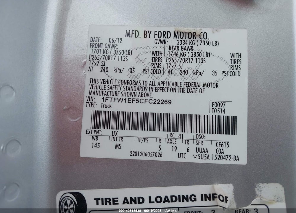 2012 FORD F-150 XLT VIN: 1FTFW1EF5CFC22269