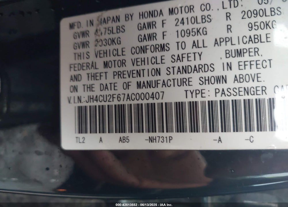 2010 ACURA TSX VIN: JH4CU2F67AC000407