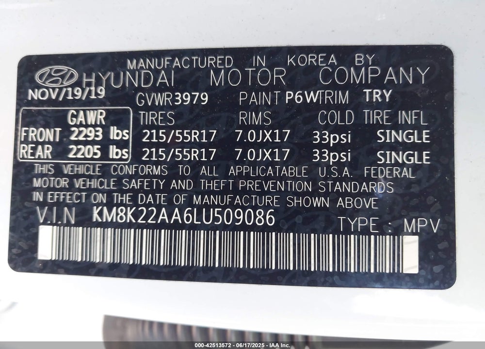 2020 HYUNDAI KONA VIN: KM8K22AA6LU509086