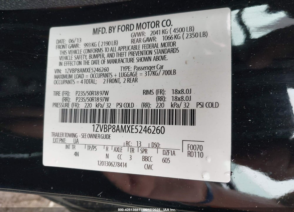 2014 FORD MUSTANG VIN: 1ZVBP8AMXE5246260
