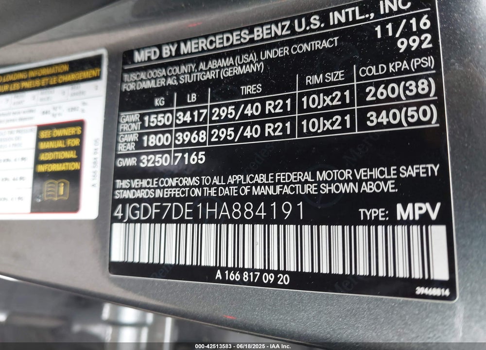 2017 MERCEDES-BENZ GLS 550 VIN: 4JGDF7DE1HA884191