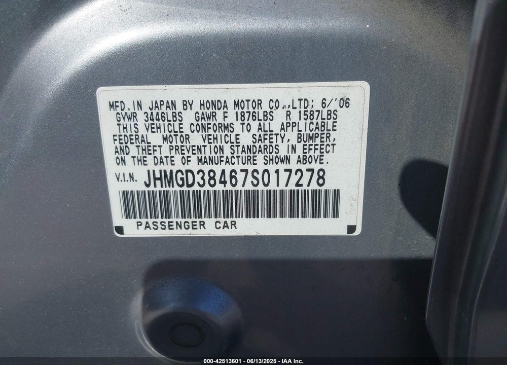 2007 HONDA FIT VIN: JHMGD38467S017278
