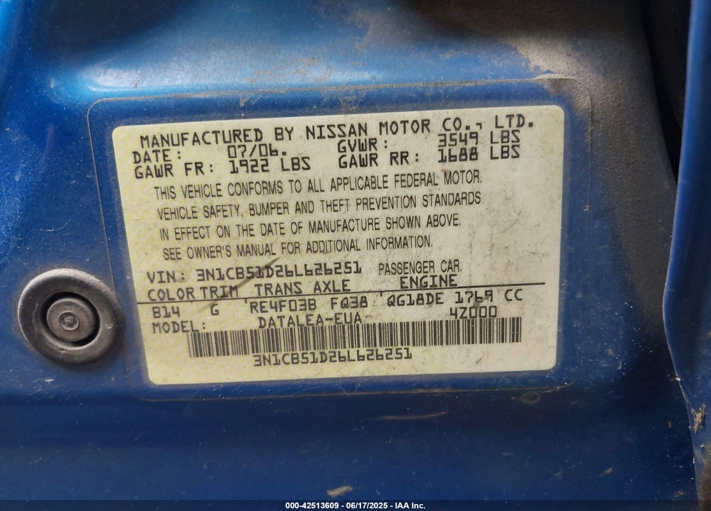 2006 NISSAN SENTRA VIN: 3N1CB51D26L626251