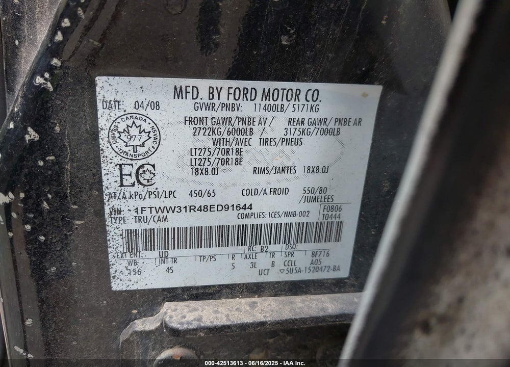 2008 FORD F-350 FX4/HARLEY-DAVIDSON/KING RANCH/LARIAT/XL/XLT VIN: 1FTWW31R48ED91644