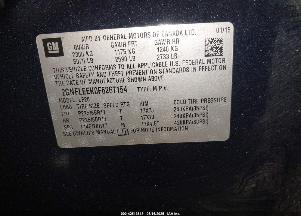 2015 CHEVROLET EQUINOX VIN: 2GNFLEEK0F6267154
