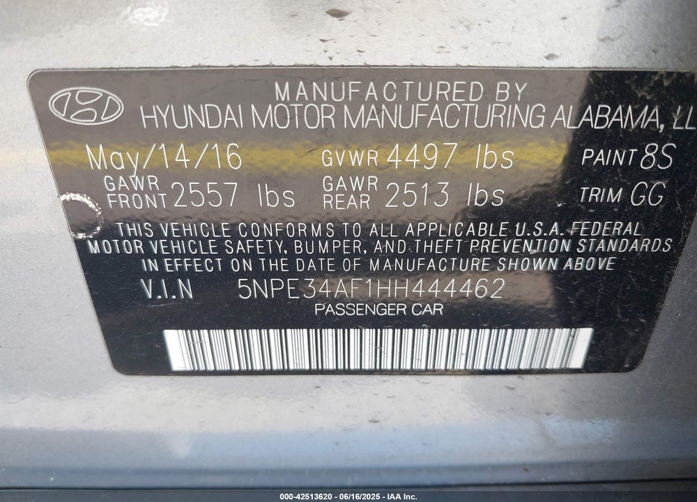 2017 HYUNDAI SONATA VIN: 5NPE34AF1HH444462
