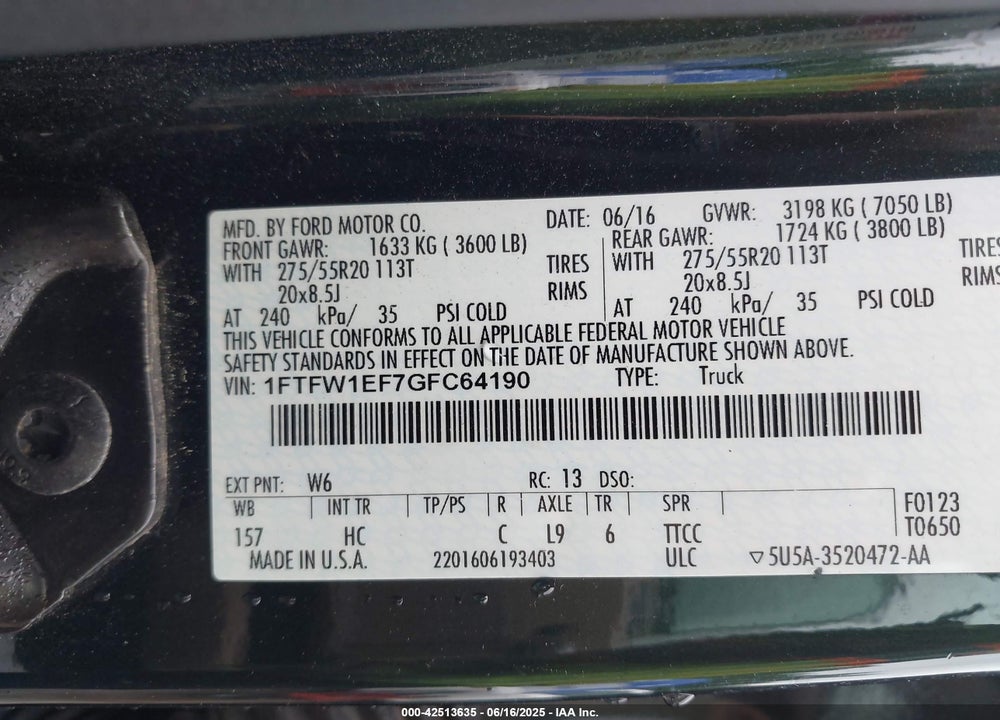 2016 FORD F-150 VIN: 1FTFW1EF7GFC64190