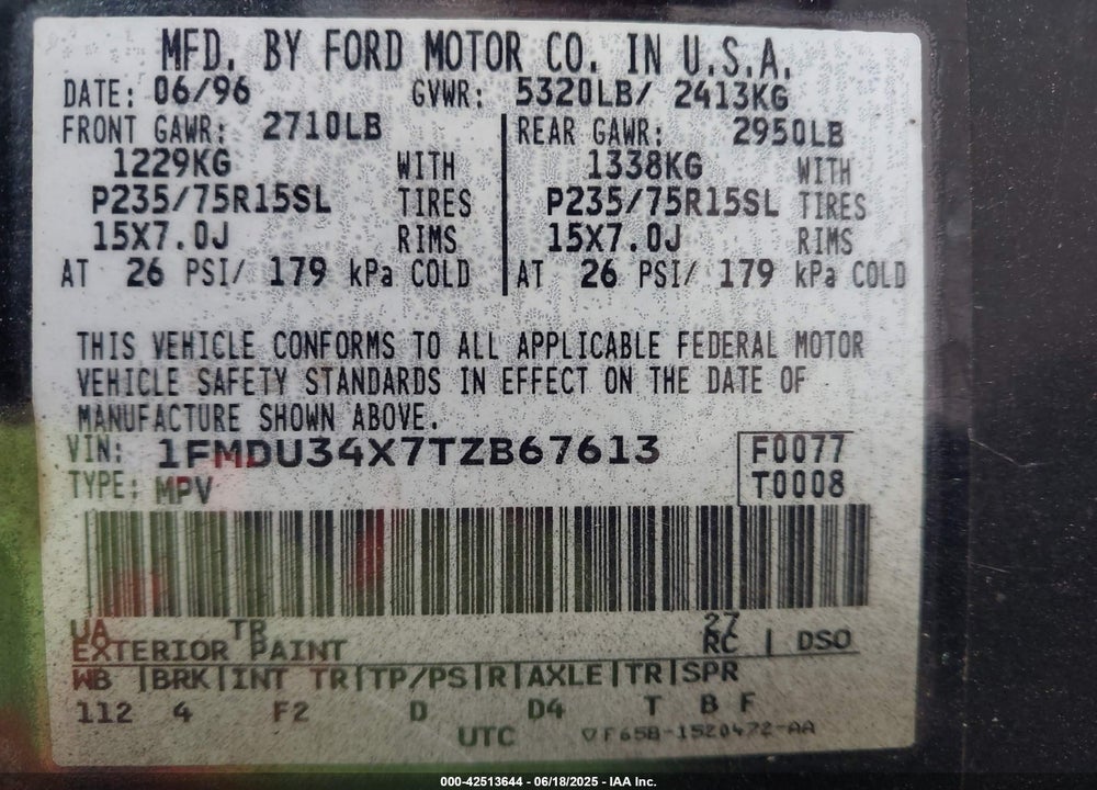 1996 FORD EXPLORER VIN: 1FMDU34X7TZB67613