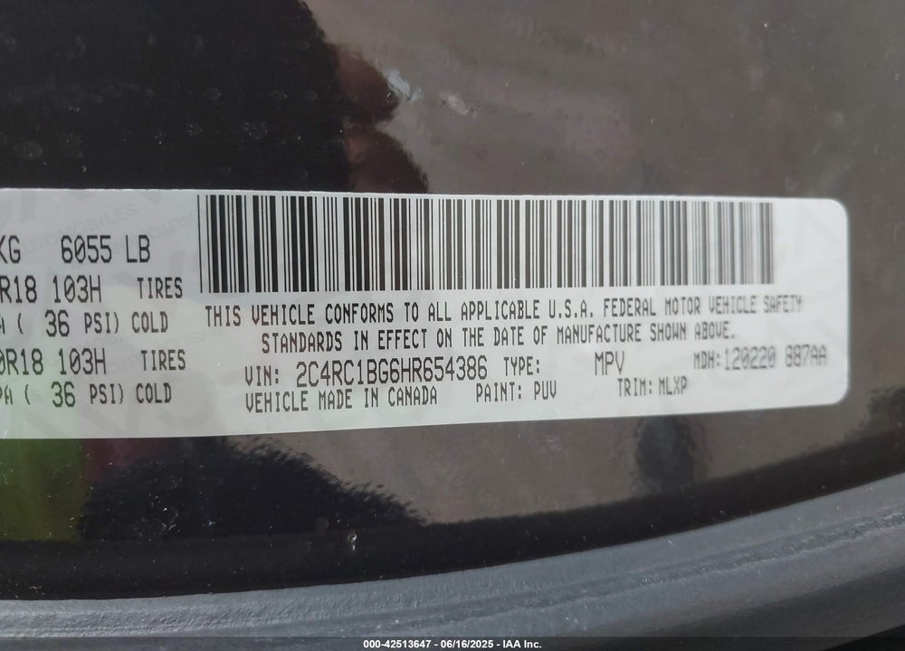 2017 CHRYSLER PACIFICA TOURING L VIN: 2C4RC1BG6HR654386