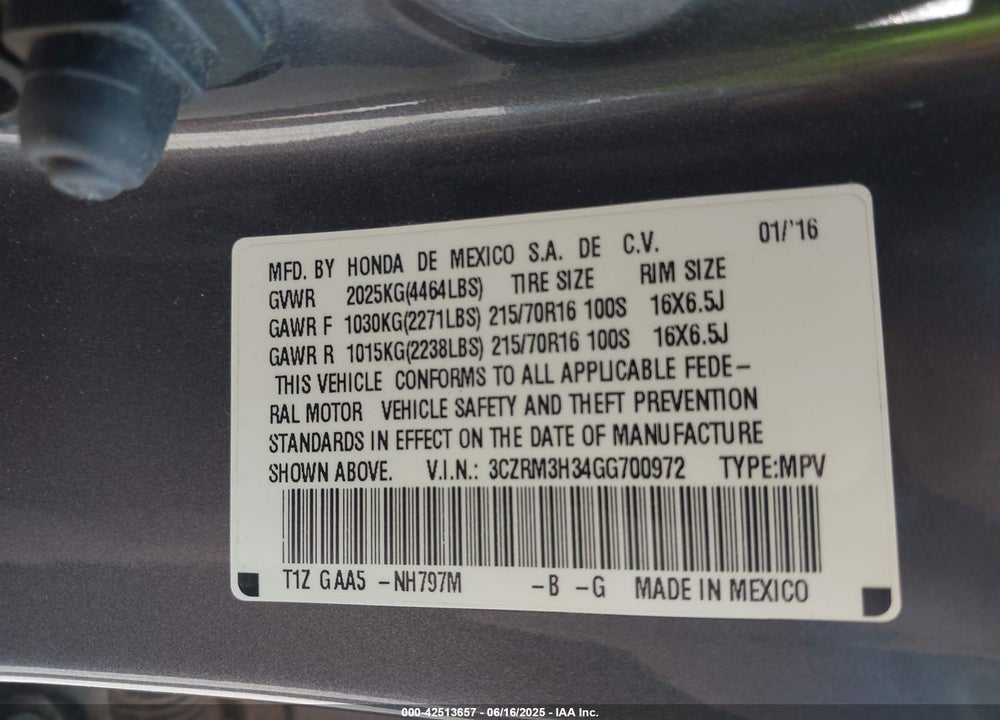 2016 HONDA CR-V VIN: 3CZRM3H34GG700972