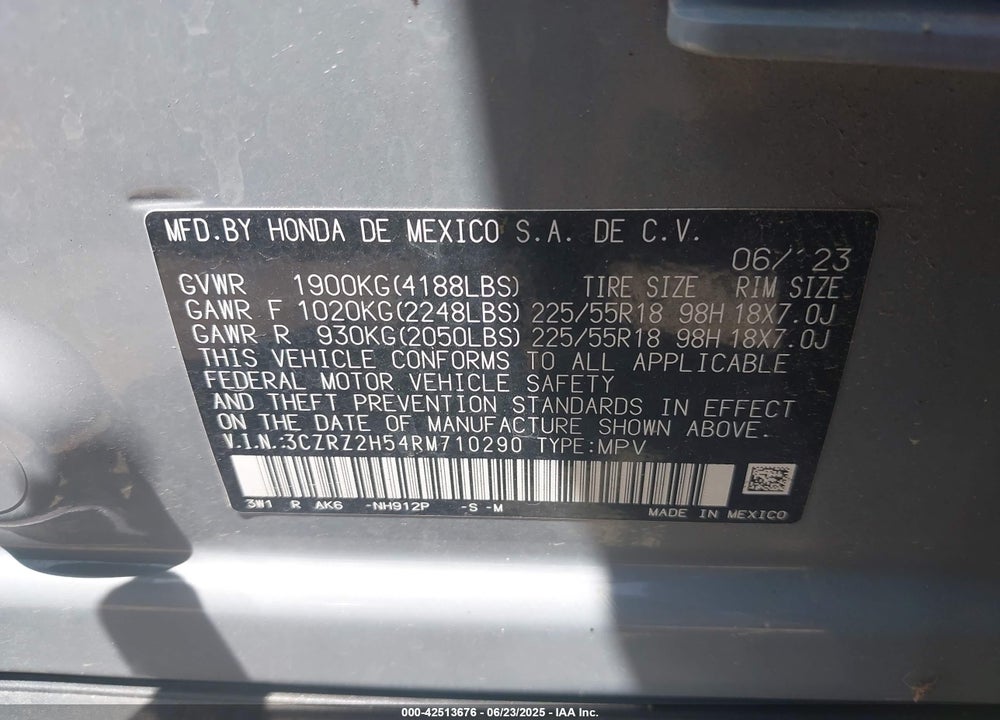 2024 HONDA HR-V VIN: 3CZRZ2H54RM710290