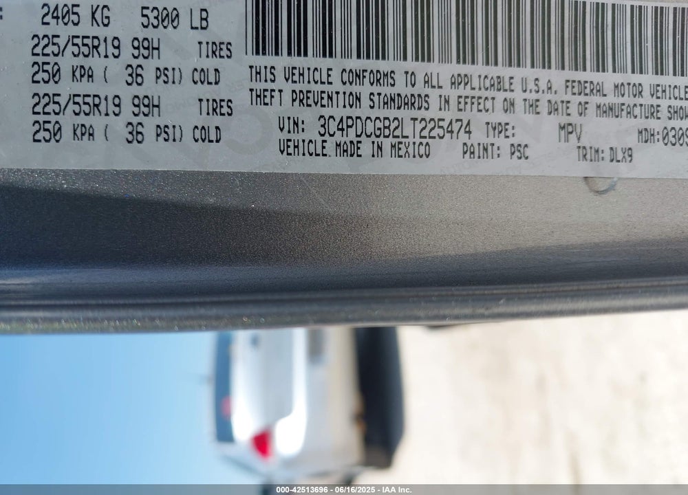 2020 DODGE JOURNEY VIN: 3C4PDCGB2LT225474