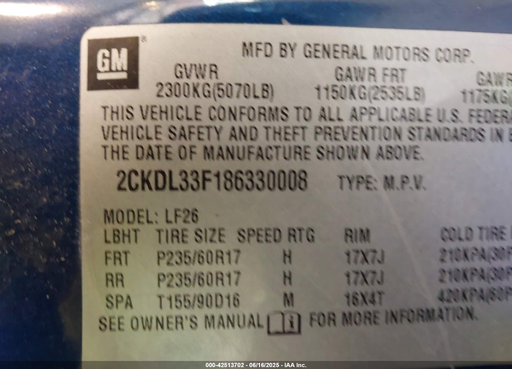 2008 PONTIAC TORRENT VIN: 2CKDL33F186330008