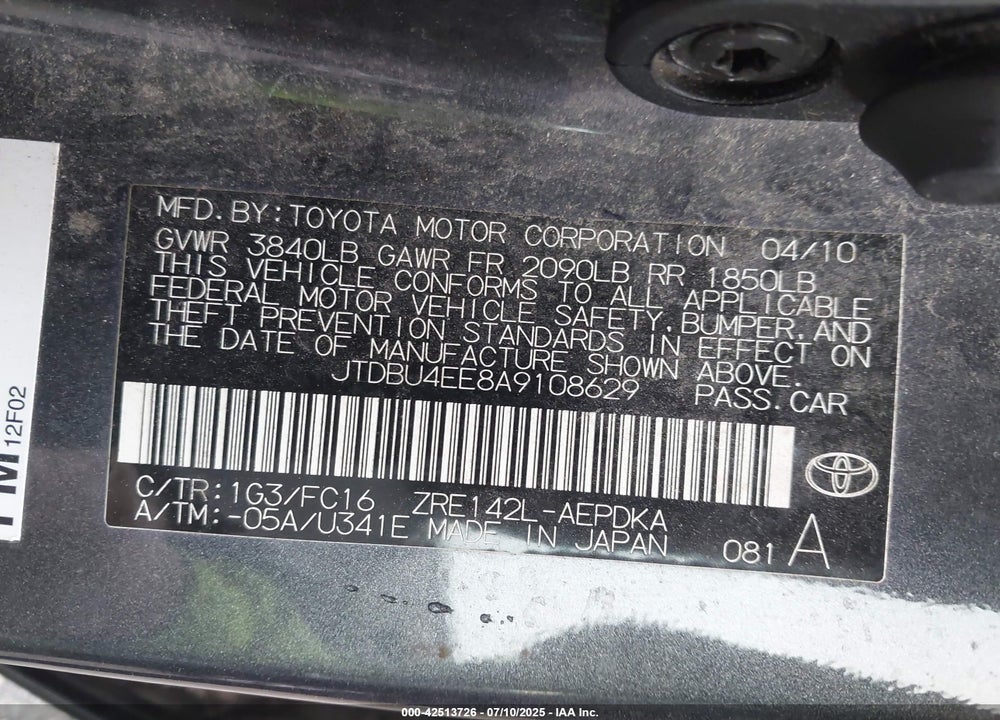 2010 TOYOTA COROLLA VIN: JTDBU4EE8A9108629