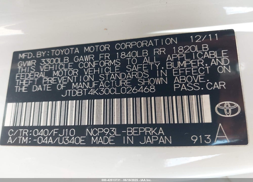 2012 TOYOTA YARIS VIN: JTDBT4K30CL026468