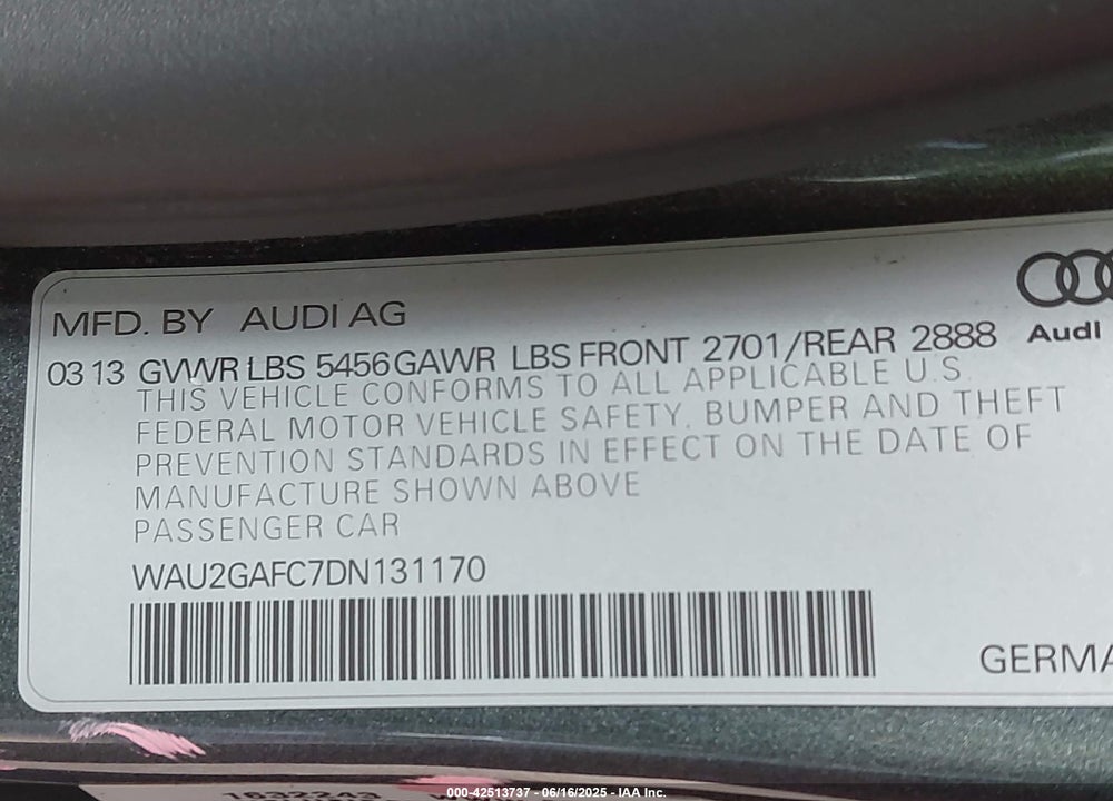 2013 AUDI A7 VIN: WAU2GAFC7DN131170