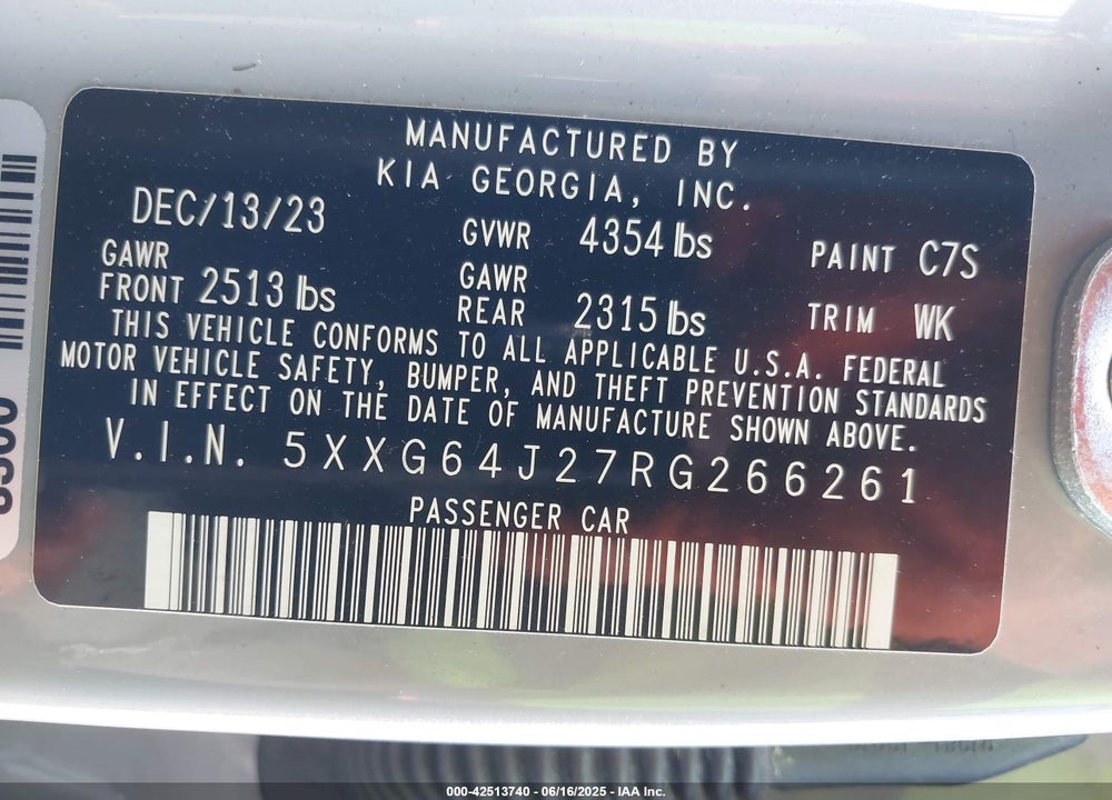 2024 KIA K5 VIN: 5XXG64J27RG266261