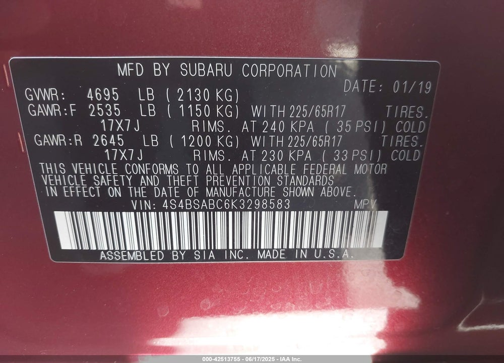 2019 SUBARU OUTBACK VIN: 4S4BSABC6K3298583