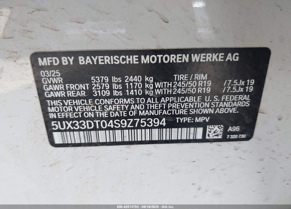 2025 BMW X4 VIN: 5UX33DT04S9Z75394