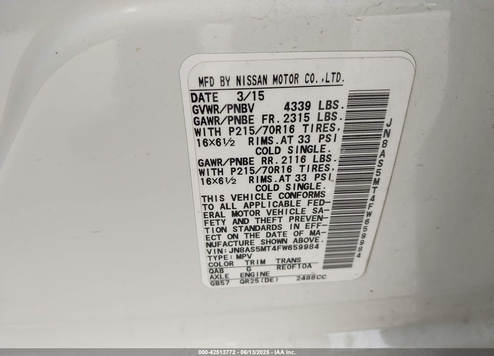2015 NISSAN ROGUE SELECT VIN: JN8AS5MT4FW659984