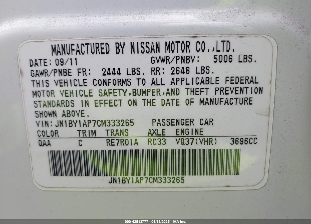 2012 INFINITI M37 VIN: JN1BY1AP7CM333265