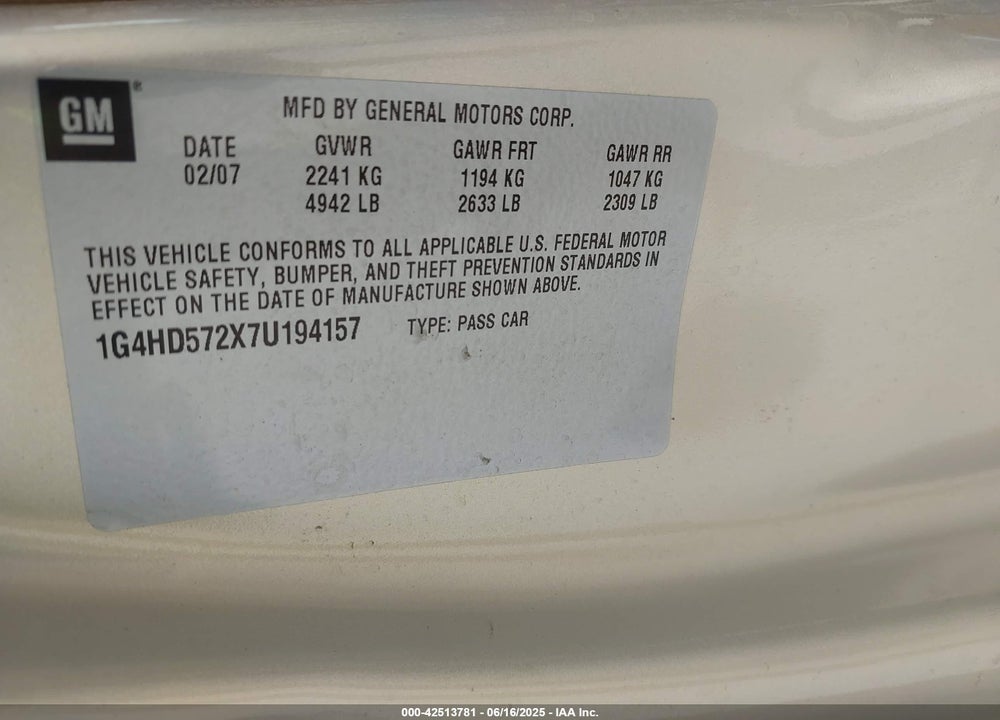 2007 BUICK LUCERNE CXL VIN: 1G4HD572X7U194157