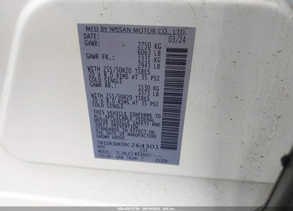 2024 NISSAN PATHFINDER VIN: 5N1DR3DK0RC264301
