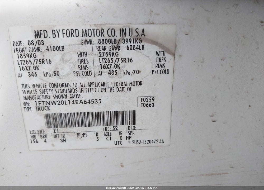 2004 FORD F-250 LARIAT/XL/XLT VIN: 1FTNW20L14EA64535