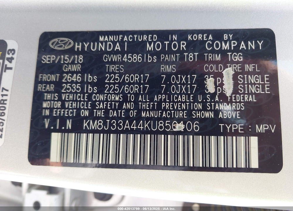 2019 HYUNDAI TUCSON VIN: KM8J33A44KU850106