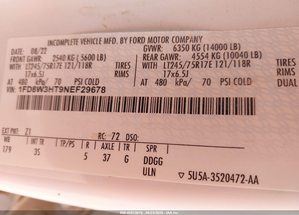 2022 FORD F-350 CHASSIS XLT VIN: 1FD8W3HT9NEF29678